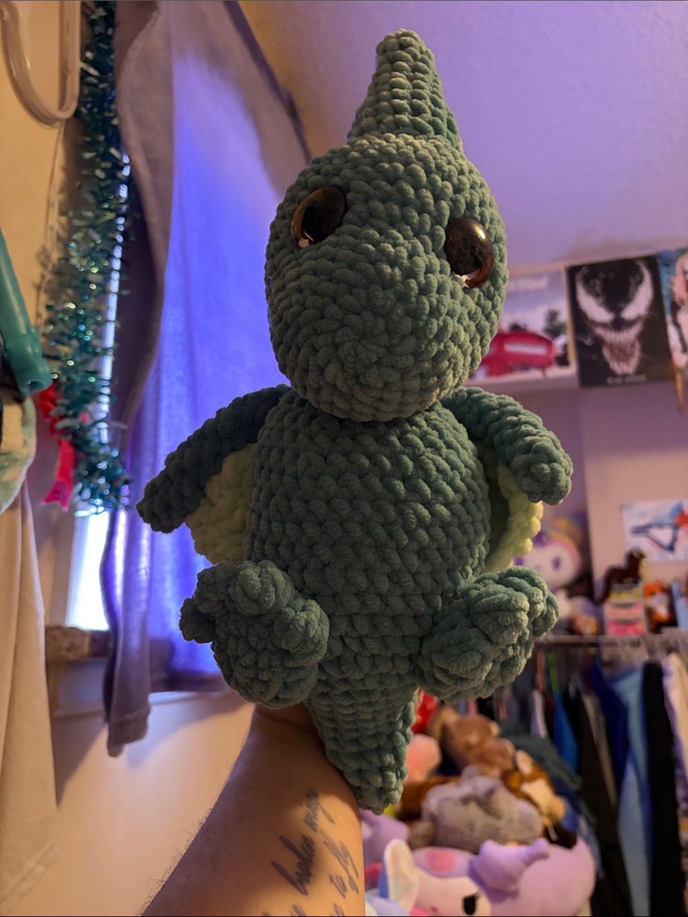 Handmade Crocheted pterodactyl Plush - Teal & Lime